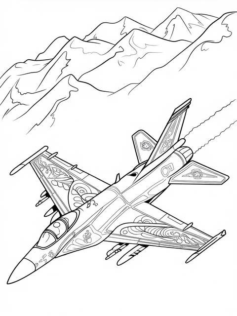 Detailed coloring page of a military jet with intricate patterns, flying over mountains