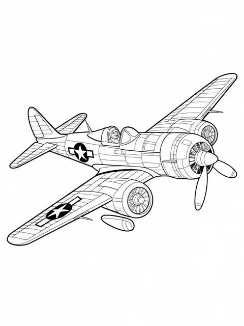 Line art of a vintage propeller plane, ready for coloring, with pilot inside