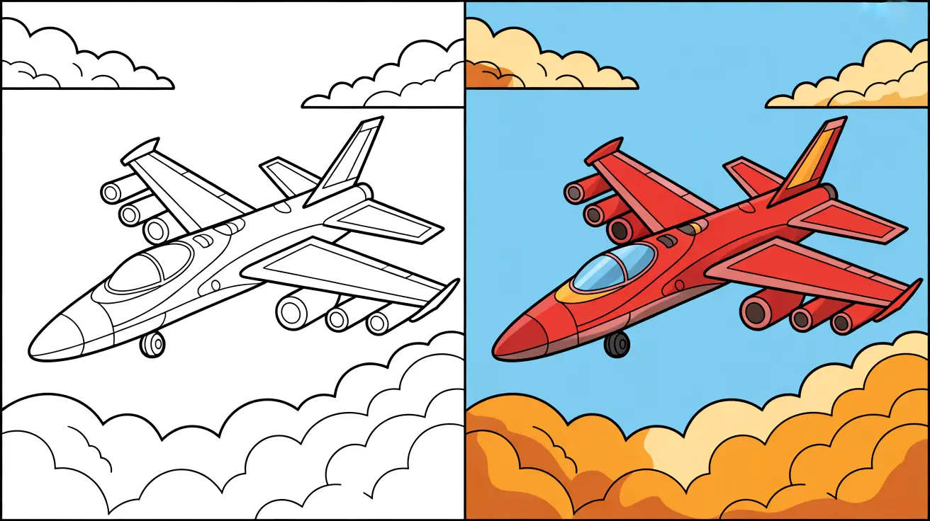 Jet coloring pages: a two-panel image depicting a jet in color and outline