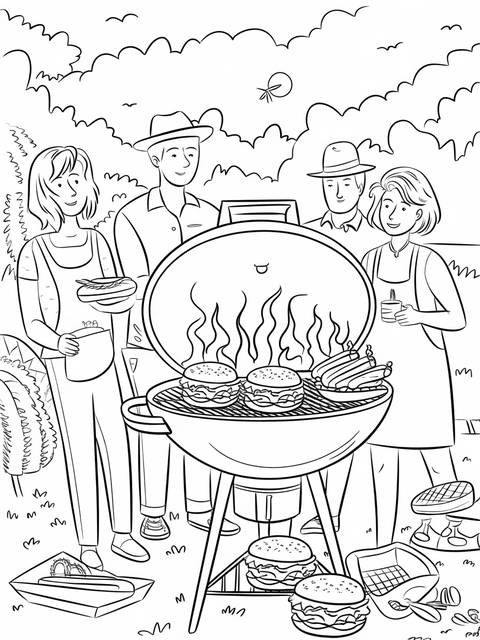 Black and white illustration of a backyard bbq scene with people and a grill