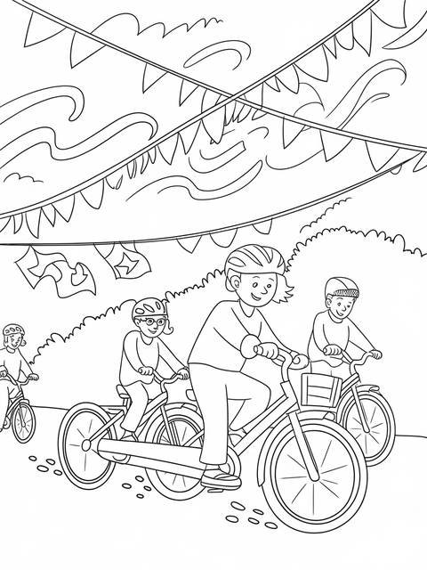 Black and white illustration of a bicycle parade with children and streamers