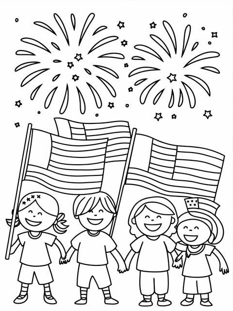 Cartoon illustration of children celebrating fourth of july with flags and fireworks