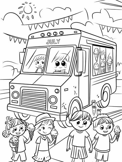 Black and white illustration of a cheerful july ice cream truck with children