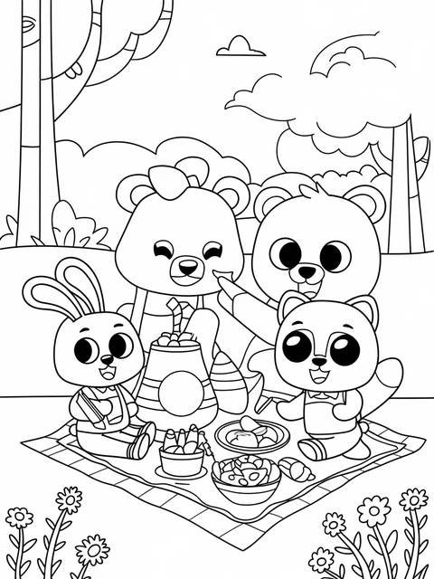 A friendly family of animals enjoying a picnic, as depicted in a coloring page
