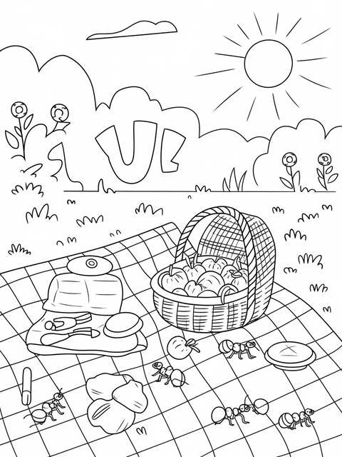 Black and white picnic scene with a checkered blanket, basket, and ants