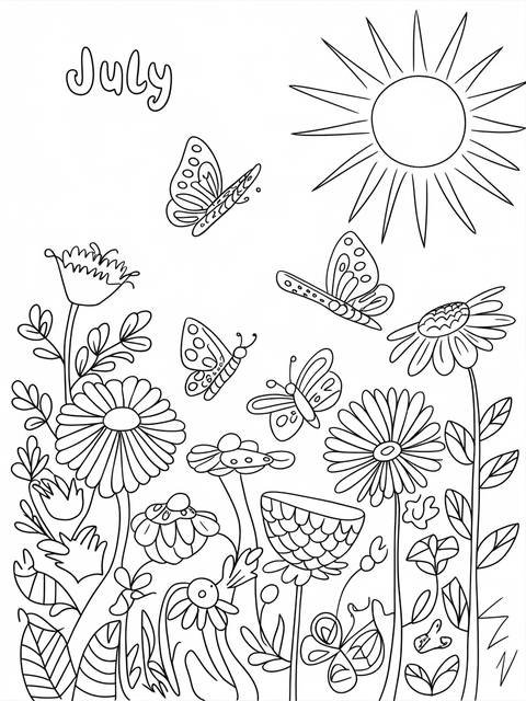 Black and white coloring page of a sunny july garden with blooming flowers and butterflies