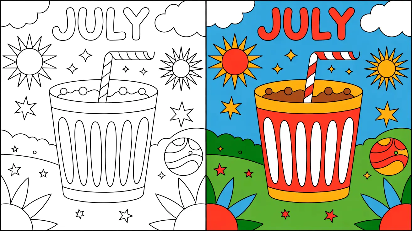 July coloring pages: a two-panel image of a drink with sun and stars