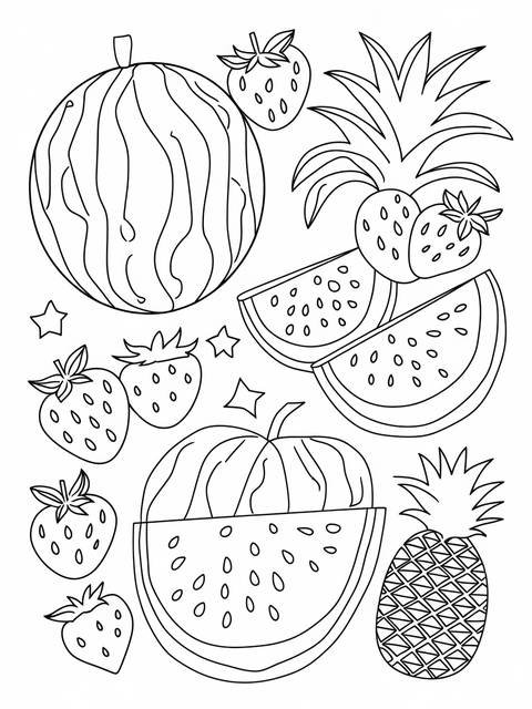 Black and white line art of july summer fruits, including watermelons and strawberries