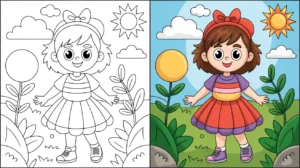 June coloring page: a girl with a bow, in a two-panel image, one colored