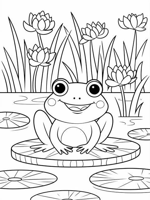 Cheerful frog sitting on a lily pad in the jungle, surrounded by water lilies