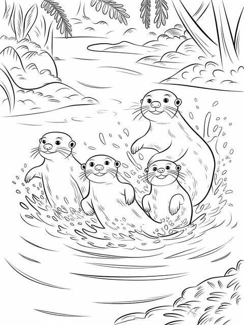 A group of playful river otters in a jungle scene, depicted in a coloring page