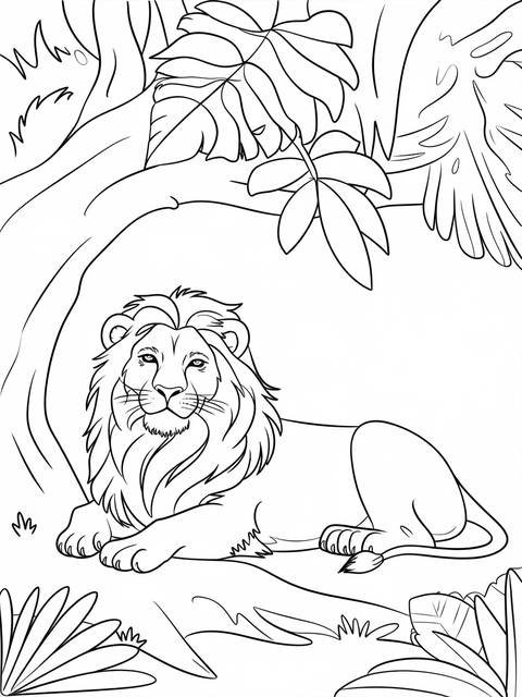 Line art of a lion lounging in the jungle shade, from the 'jungle' cover