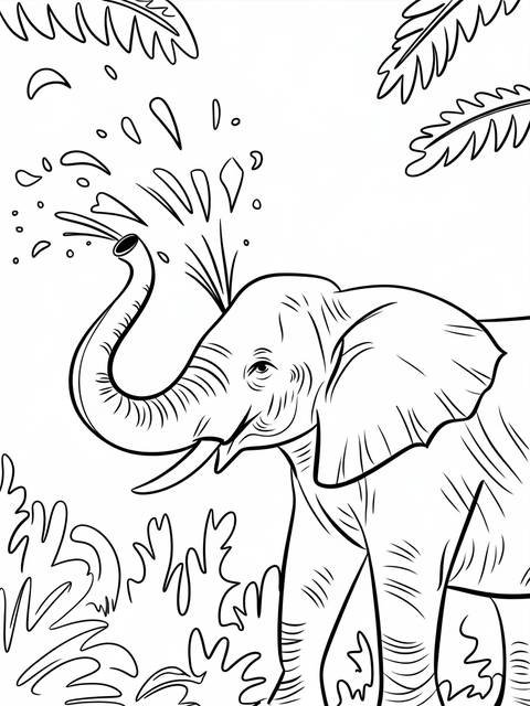 Line art of a majestic elephant spraying water in a jungle setting