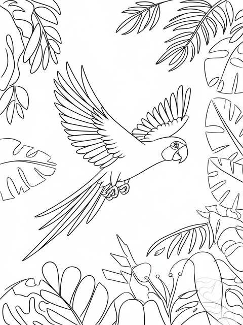 Line drawing of a parrot flying above jungle foliage, a coloring page