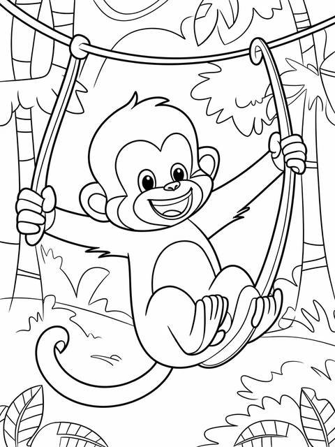 A playful monkey swinging on a vine in a jungle coloring page illustration