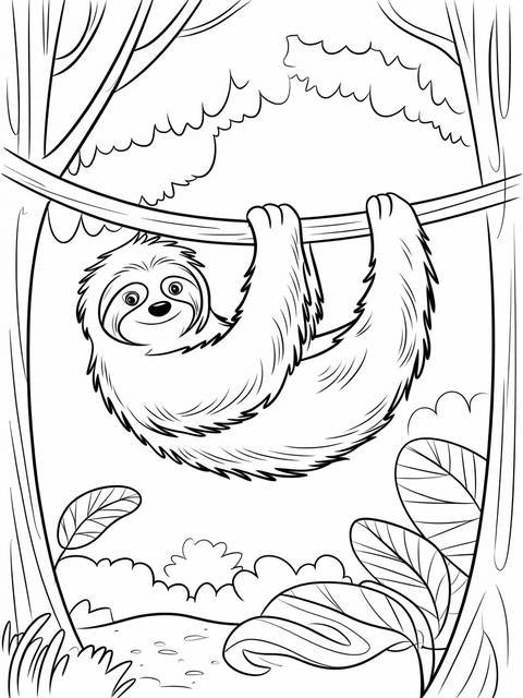 Jungle coloring page featuring a sloth hanging upside down from a branch
