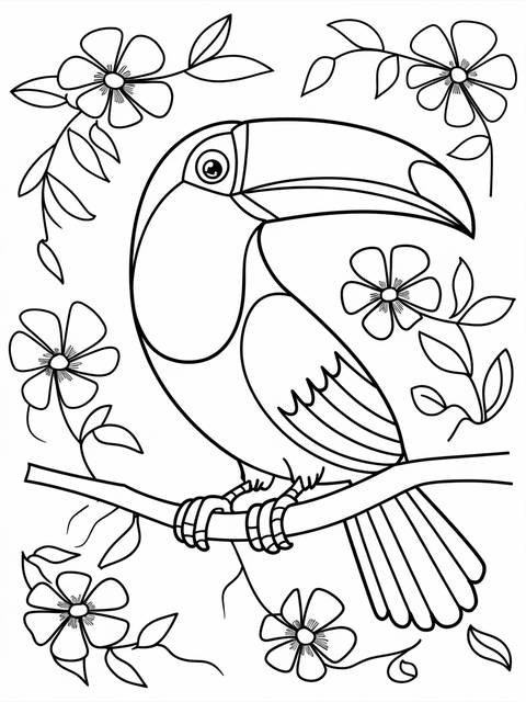 A jungle-themed coloring page featuring a toucan perched on a branch surrounded by flowers