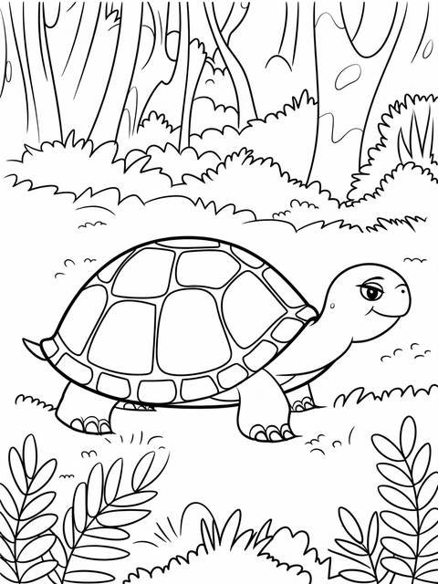 Line art of a wise old turtle wandering through a jungle environment