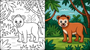 Two-panel jungle coloring page featuring a lion cub, ready for coloring