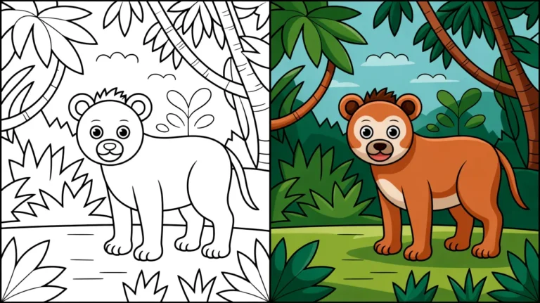 Two-panel jungle coloring page featuring a lion cub, ready for coloring