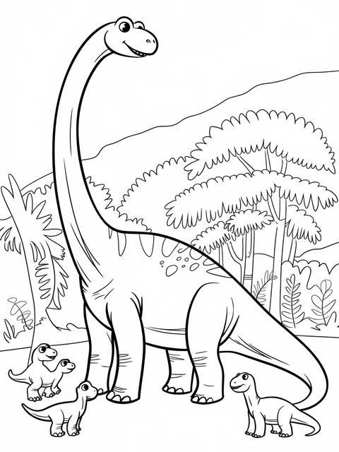 Coloring page of a brachiosaurus from jurassic park with smaller dinosaurs