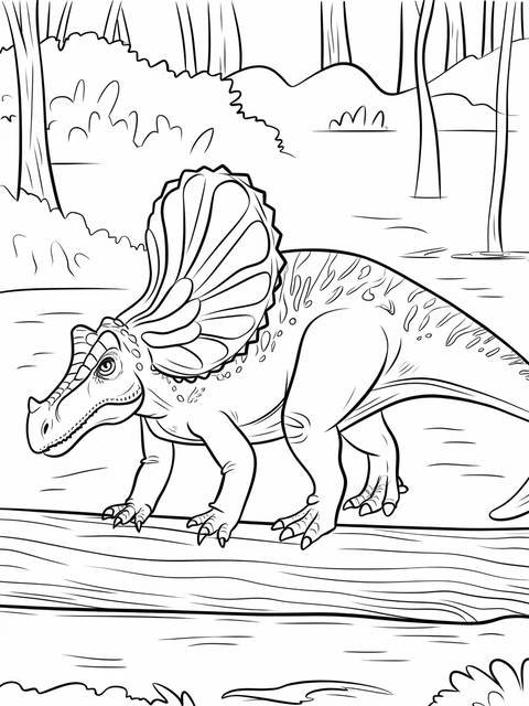 A coloring page of a dilophosaurus from jurassic park, walking in a forest