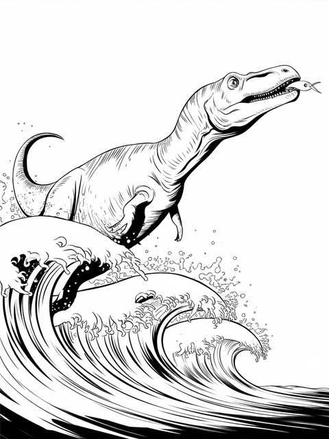 Jurassic park-inspired illustration of a mosasaurus leaping from ocean waves, catching fish