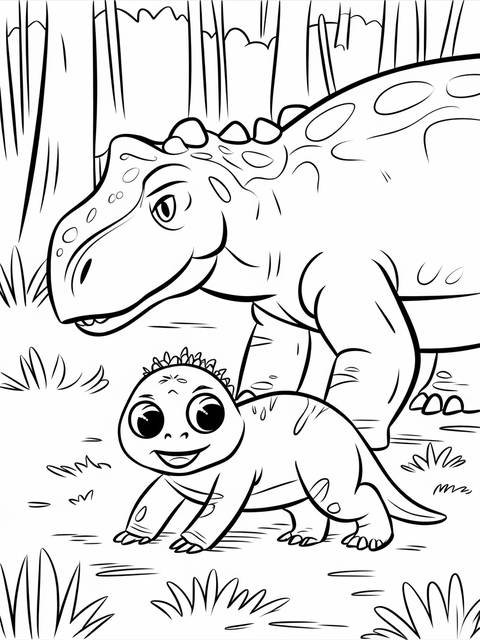 Jurassic park coloring page featuring a playful baby ankylosaurus and adult dinosaur