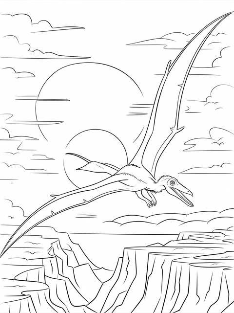 Jurassic park coloring page: a soaring pterodactyl over a canyon landscape