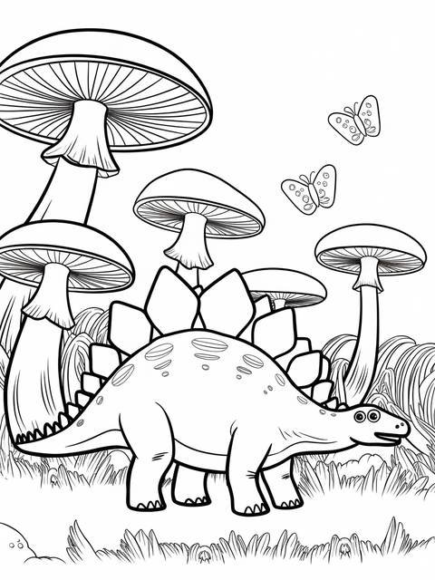 Black and white line art of a stegosaurus wandering near mushrooms and butterflies