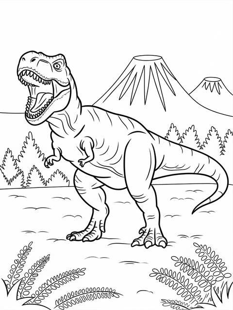 Line art of a roaring t-rex from jurassic park, set against a landscape