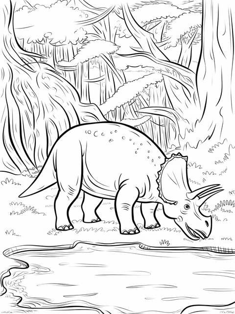 Line art of a triceratops grazing near water in a jurassic park scene