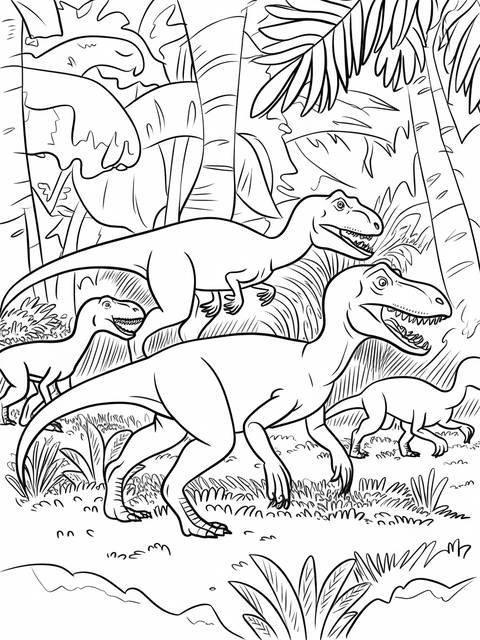 Velociraptors hunting in a jungle scene, inspired by jurassic park, ready for coloring