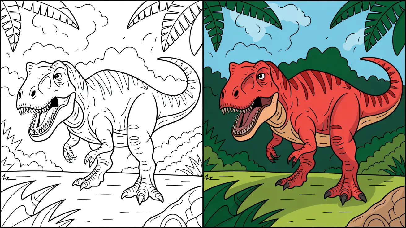 Jurassic park coloring page: a two-panel image of a tyrannosaurus rex