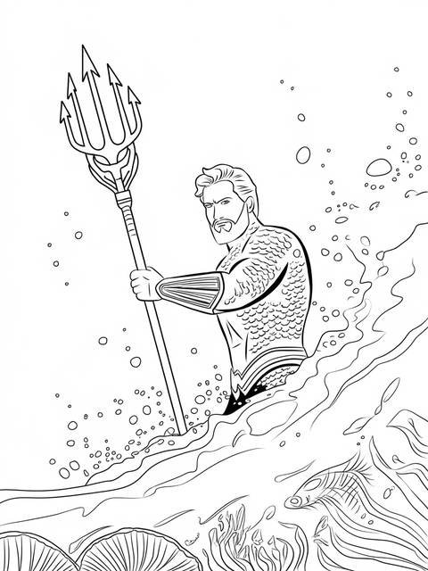 Aquaman from the justice league emerges from the water, holding his trident
