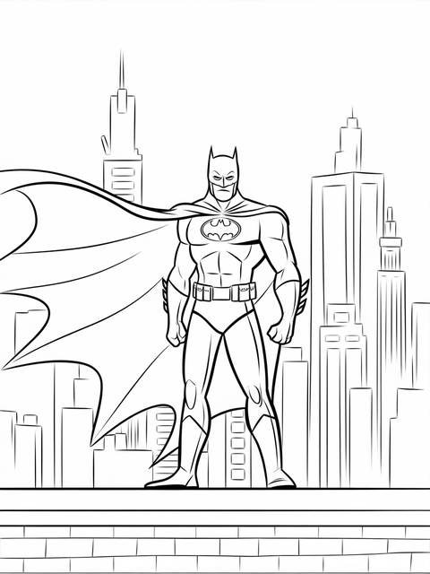 Batman, from the justice league, standing on a rooftop overlooking a city