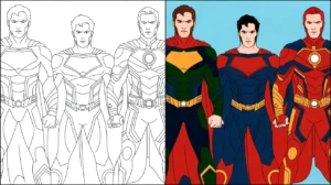 Justice league coloring page featuring multiple versions of superman in different colors