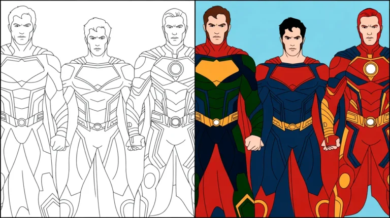 Justice league coloring page featuring multiple versions of superman in different colors