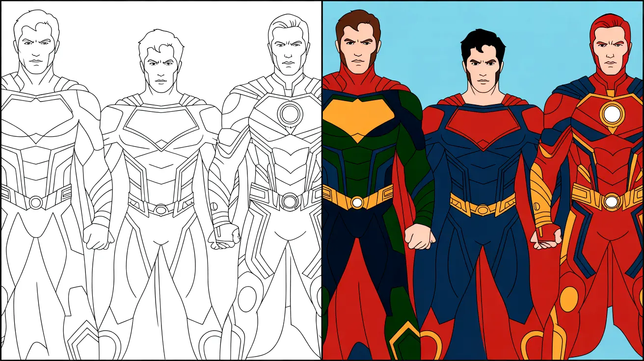 Justice league coloring page featuring multiple versions of superman in different colors