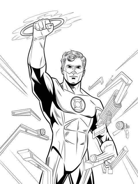 Green lantern from justice league holding a ring, a coloring page illustration