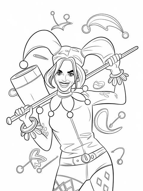 Line art of harley quinn from justice league, holding a mallet playfully
