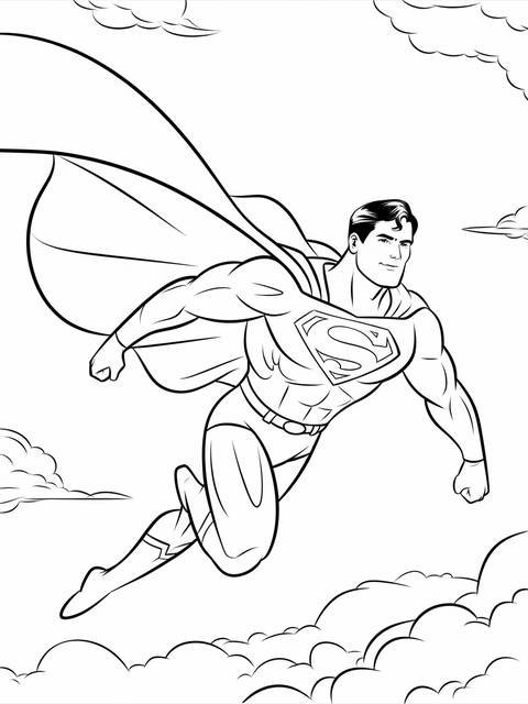 Superman, from the justice league, in flight, with cape billowing, outlined against clouds