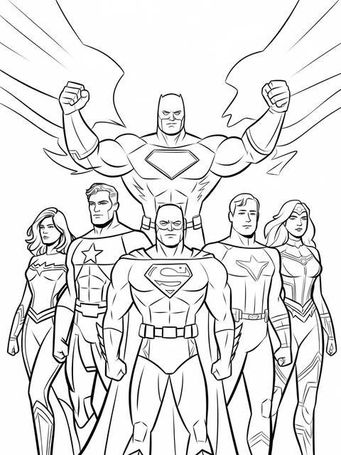 Line art of the justice league united, featuring superman, batman, and other heroes