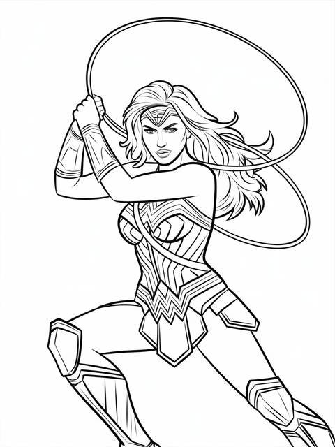 Line art of wonder woman from the justice league, wielding her lasso