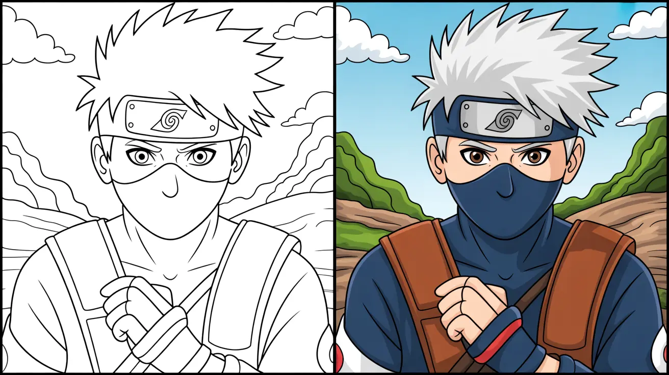 Kakashi hatake coloring page: a two-panel image, one colored, one line art
