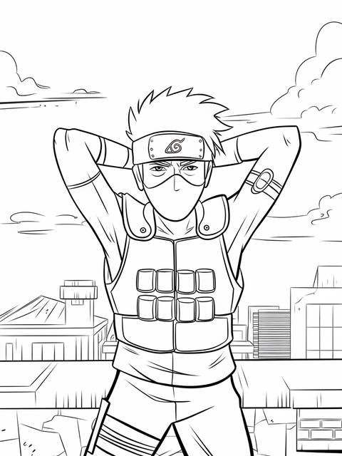 Line art of kakashi from naruto, hands behind head, wearing his signature outfit