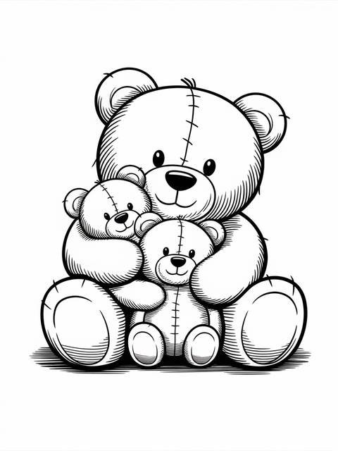Kindness: a big teddy bear hugs two smaller teddy bears, a heartwarming scene
