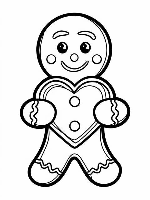 A cheerful gingerbread man holding a heart, ready for coloring and kindness