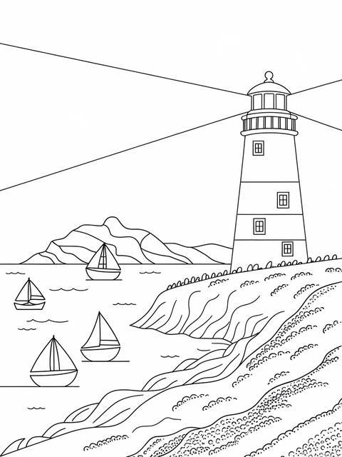 A lighthouse guiding boats, a scene of kindness, on a coloring page