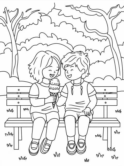 A coloring page depicting two kids sharing an ice cream cone, showing kindness
